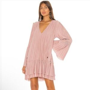 Free People - Pleated V-Neck Oversized Bell Sleeve Pink Mini Dress